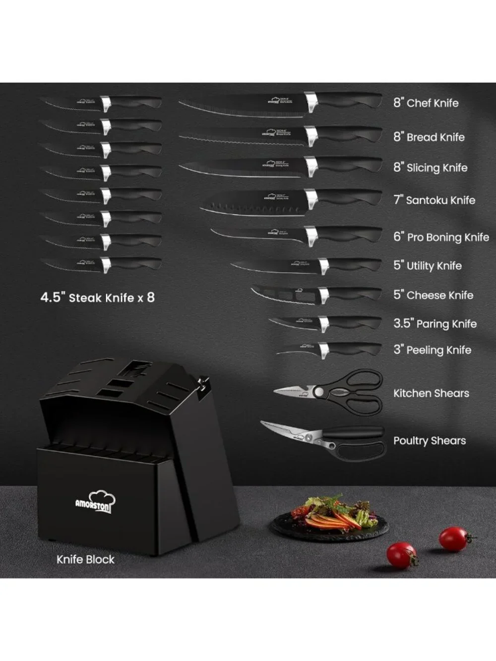 21-Piece Ultra-Sharp Kitchen Knife Set with Block & Sharpener, Ergonomic